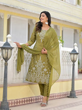 Olive Green Ethnic Motif Printed Viscose Kurta, Pant And Dupatta Set With Gota Patti Work-J4621OLIVE